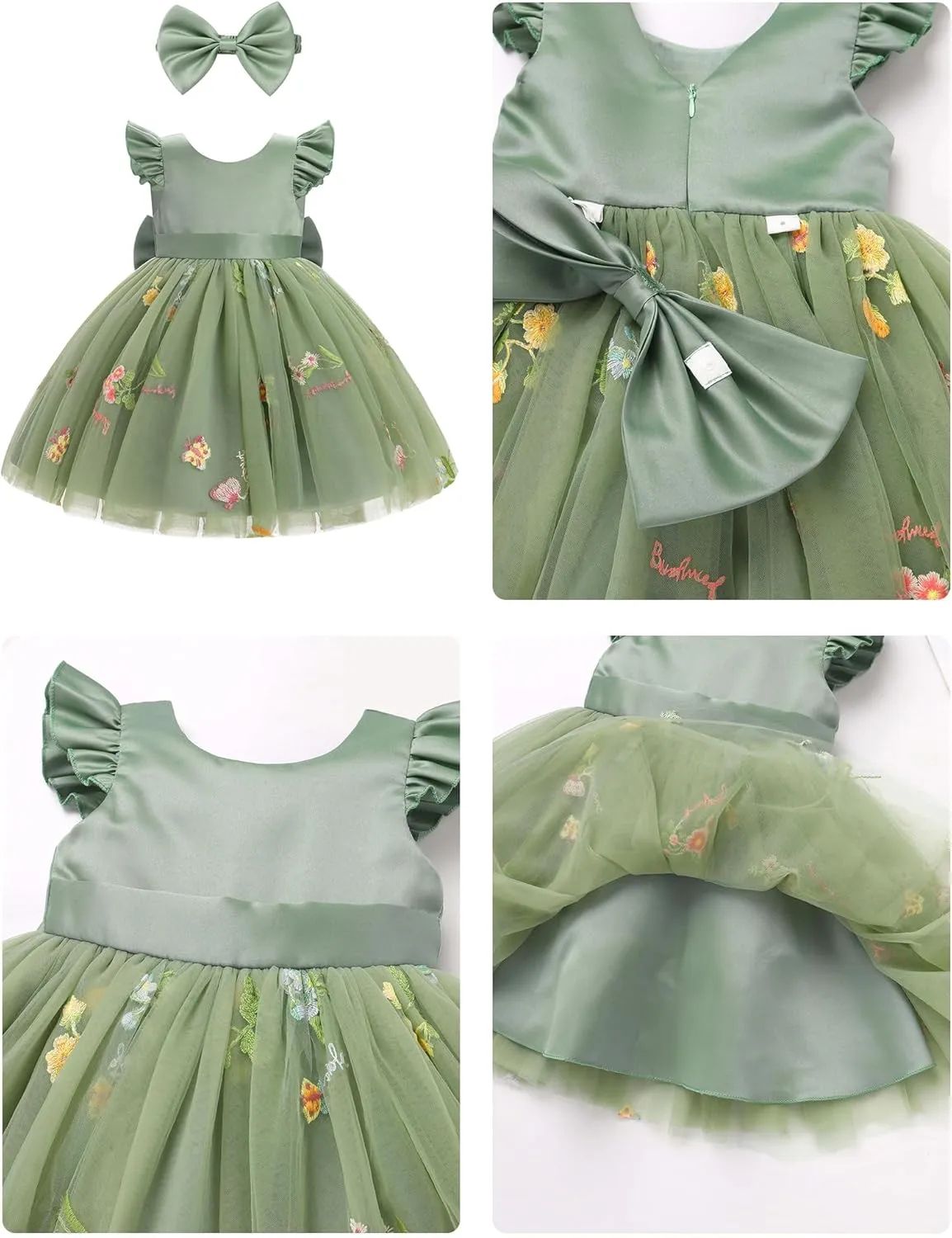 OBEEII Baby Girls Birthday Cake Smash Outfit Formal Baptism Photoshoot Tulle Dress Wedding Flower Girl Dress with Headband