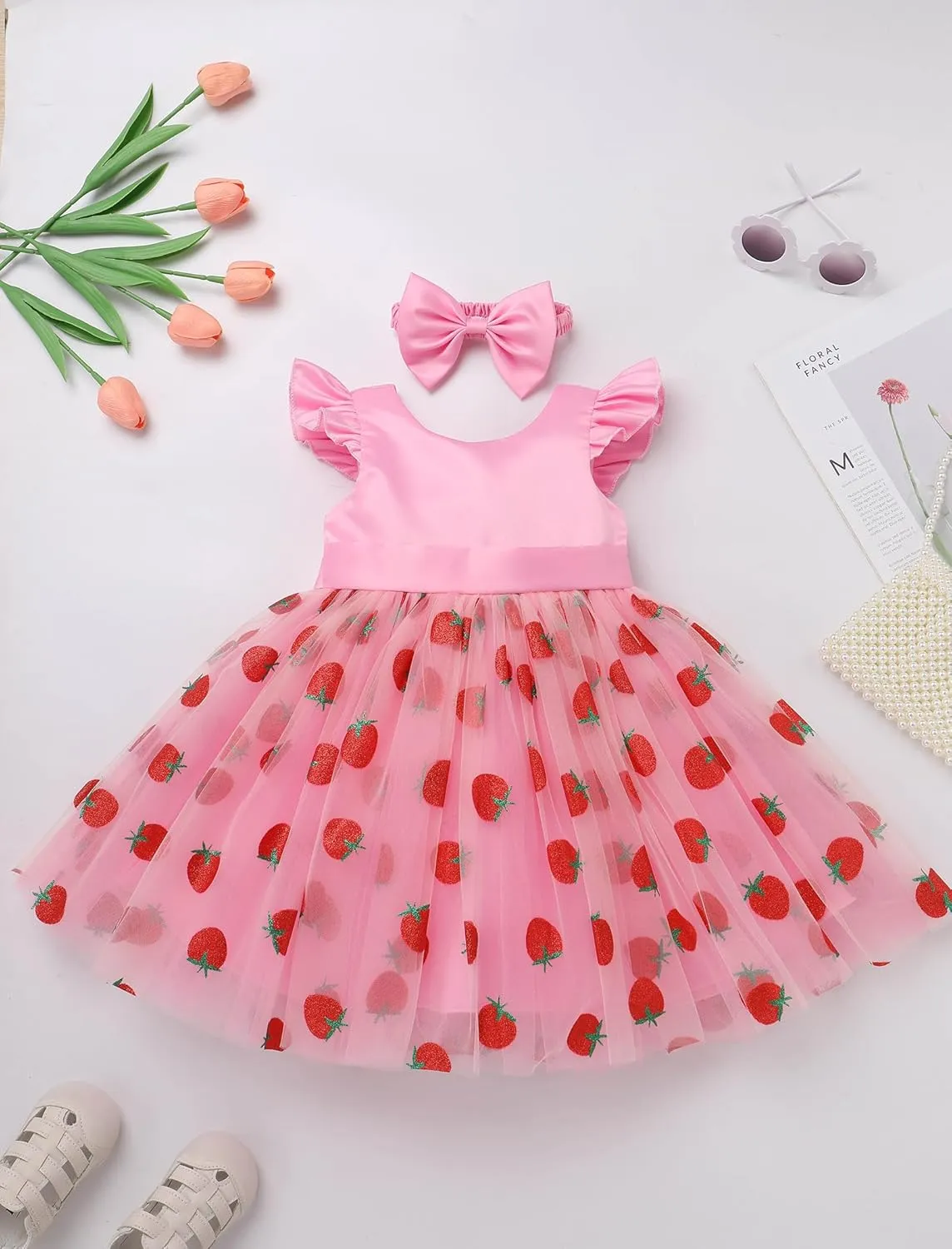 OBEEII Baby Girls Birthday Cake Smash Outfit Formal Baptism Photoshoot Tulle Dress Wedding Flower Girl Dress with Headband