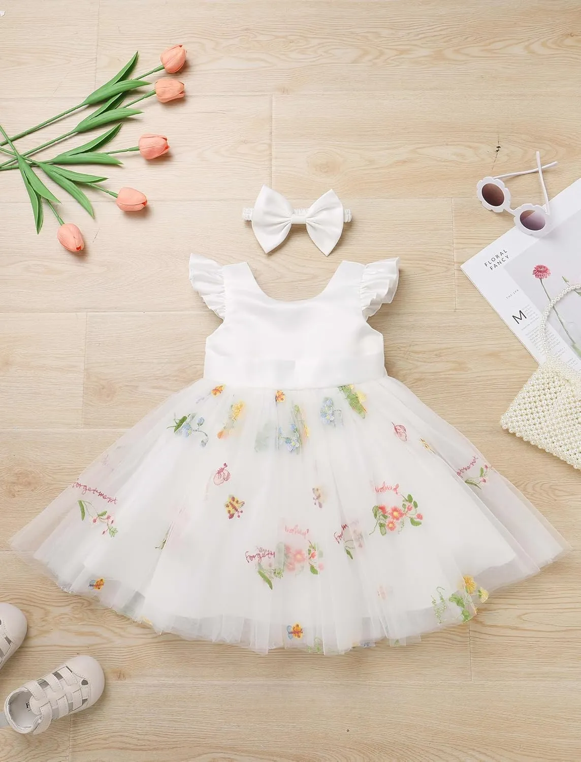 OBEEII Baby Girls Birthday Cake Smash Outfit Formal Baptism Photoshoot Tulle Dress Wedding Flower Girl Dress with Headband