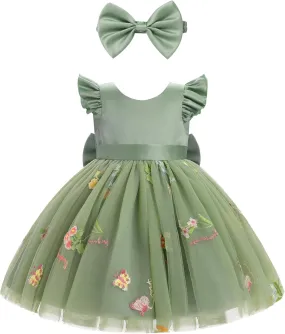 OBEEII Baby Girls Birthday Cake Smash Outfit Formal Baptism Photoshoot Tulle Dress Wedding Flower Girl Dress with Headband