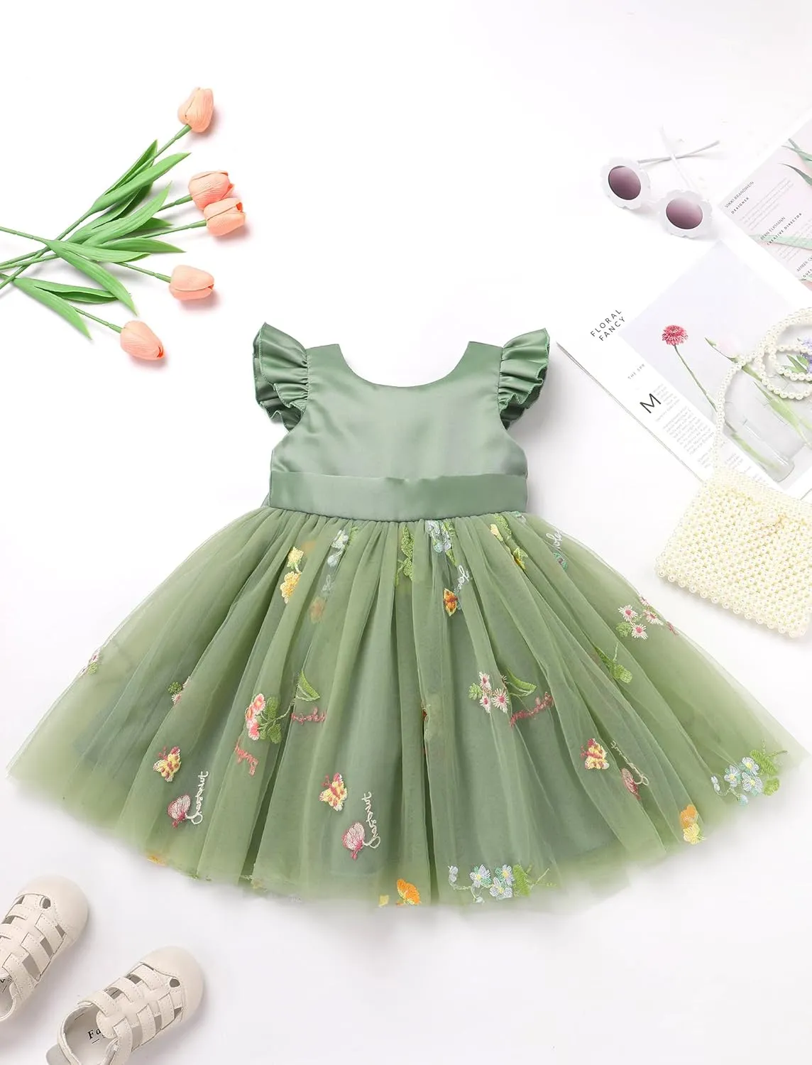 OBEEII Baby Girls Birthday Cake Smash Outfit Formal Baptism Photoshoot Tulle Dress Wedding Flower Girl Dress with Headband