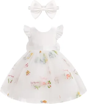 OBEEII Baby Girls Birthday Cake Smash Outfit Formal Baptism Photoshoot Tulle Dress Wedding Flower Girl Dress with Headband
