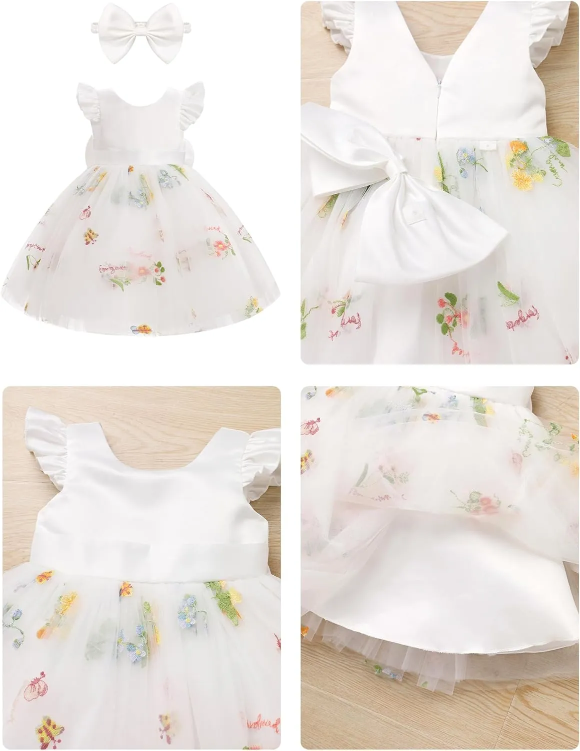 OBEEII Baby Girls Birthday Cake Smash Outfit Formal Baptism Photoshoot Tulle Dress Wedding Flower Girl Dress with Headband