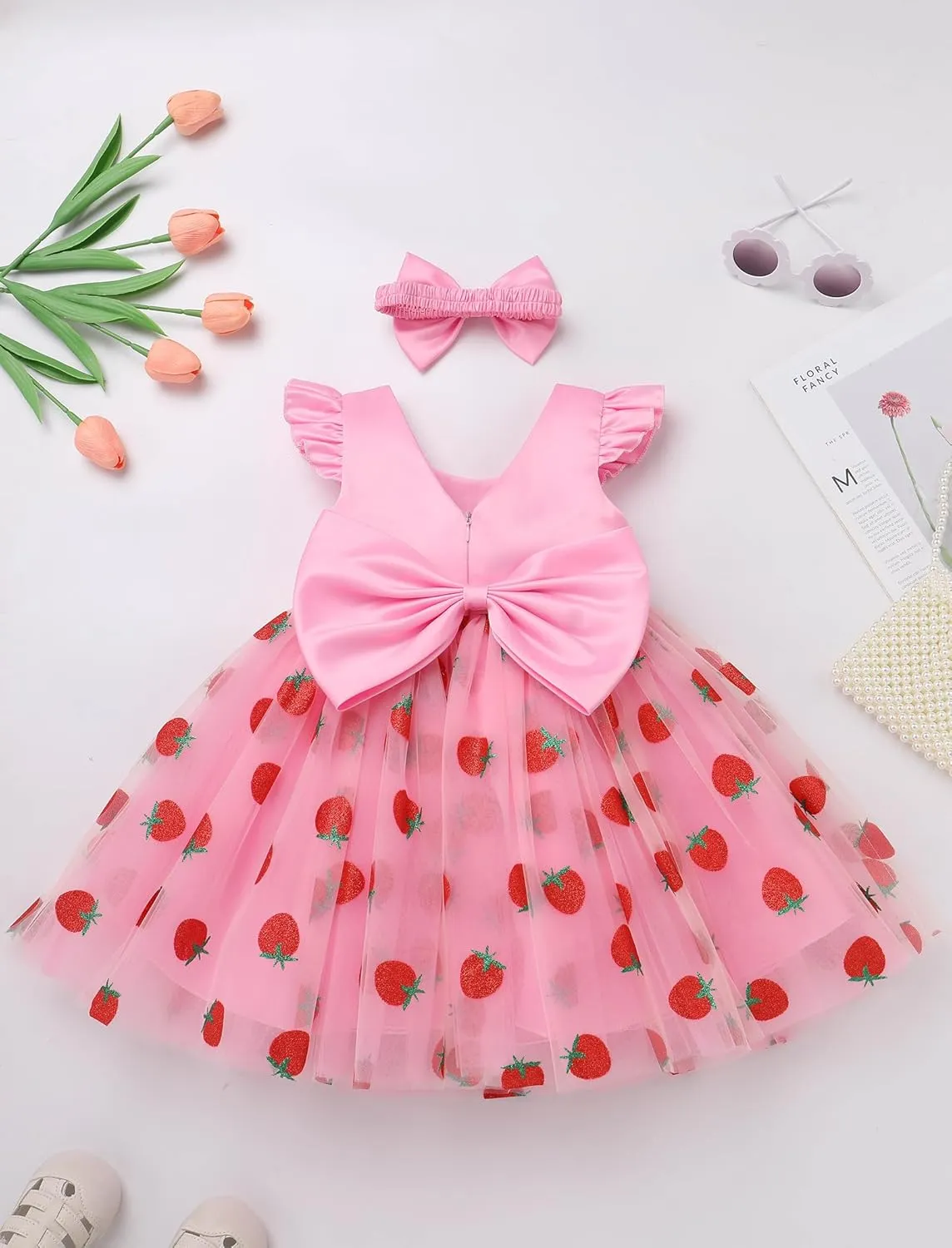 OBEEII Baby Girls Birthday Cake Smash Outfit Formal Baptism Photoshoot Tulle Dress Wedding Flower Girl Dress with Headband