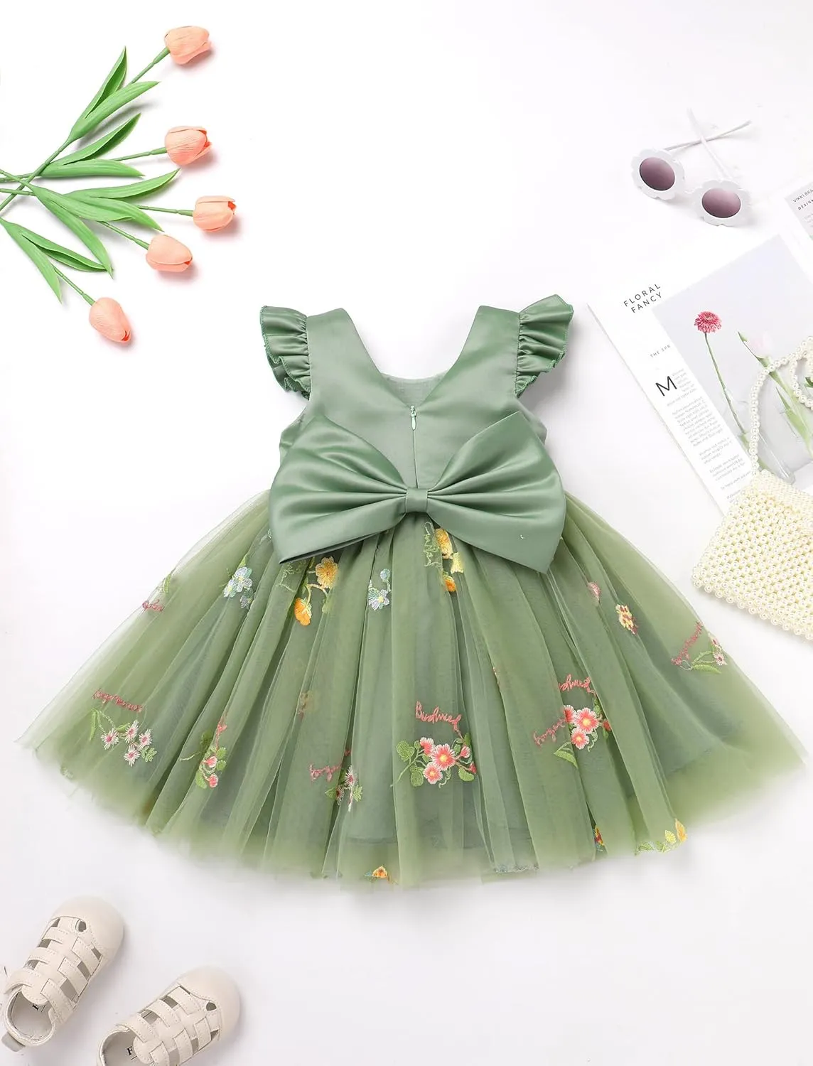 OBEEII Baby Girls Birthday Cake Smash Outfit Formal Baptism Photoshoot Tulle Dress Wedding Flower Girl Dress with Headband