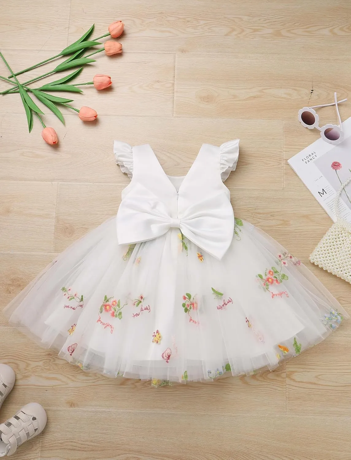 OBEEII Baby Girls Birthday Cake Smash Outfit Formal Baptism Photoshoot Tulle Dress Wedding Flower Girl Dress with Headband