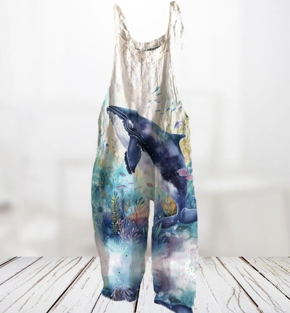 Overalls for Women Cute Animale Printed Sleeveless Spaghetti Strap Jumpsuits Wide Leg Bib Romper with Pockets