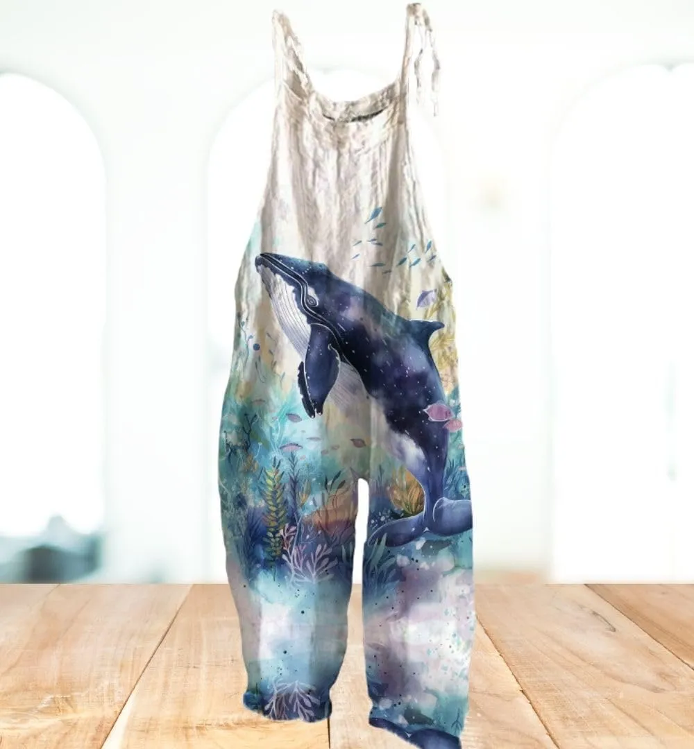 Overalls for Women Cute Animale Printed Sleeveless Spaghetti Strap Jumpsuits Wide Leg Bib Romper with Pockets