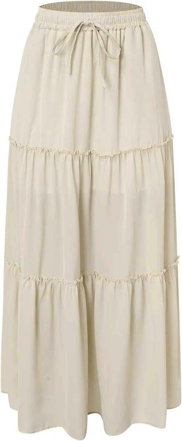 Rvidbe Linen Skirts for Women Summer Casual Trendy Vacation Boho Elastic Waist Drawstring Maxi Flowy A-Line Tiered Skirt