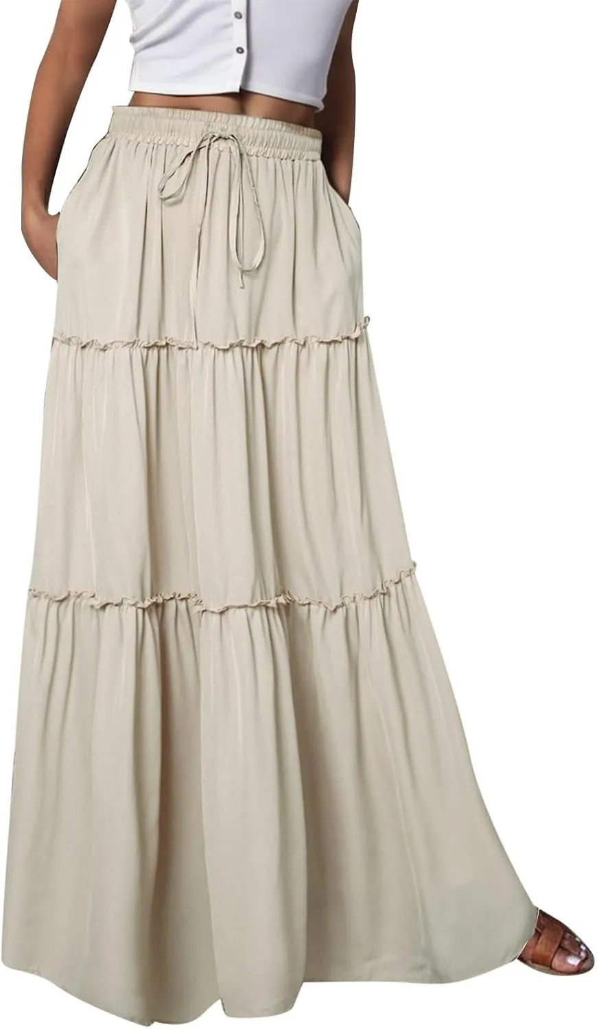Rvidbe Linen Skirts for Women Summer Casual Trendy Vacation Boho Elastic Waist Drawstring Maxi Flowy A-Line Tiered Skirt