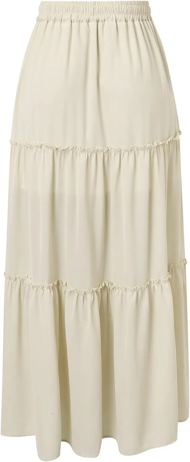Rvidbe Linen Skirts for Women Summer Casual Trendy Vacation Boho Elastic Waist Drawstring Maxi Flowy A-Line Tiered Skirt