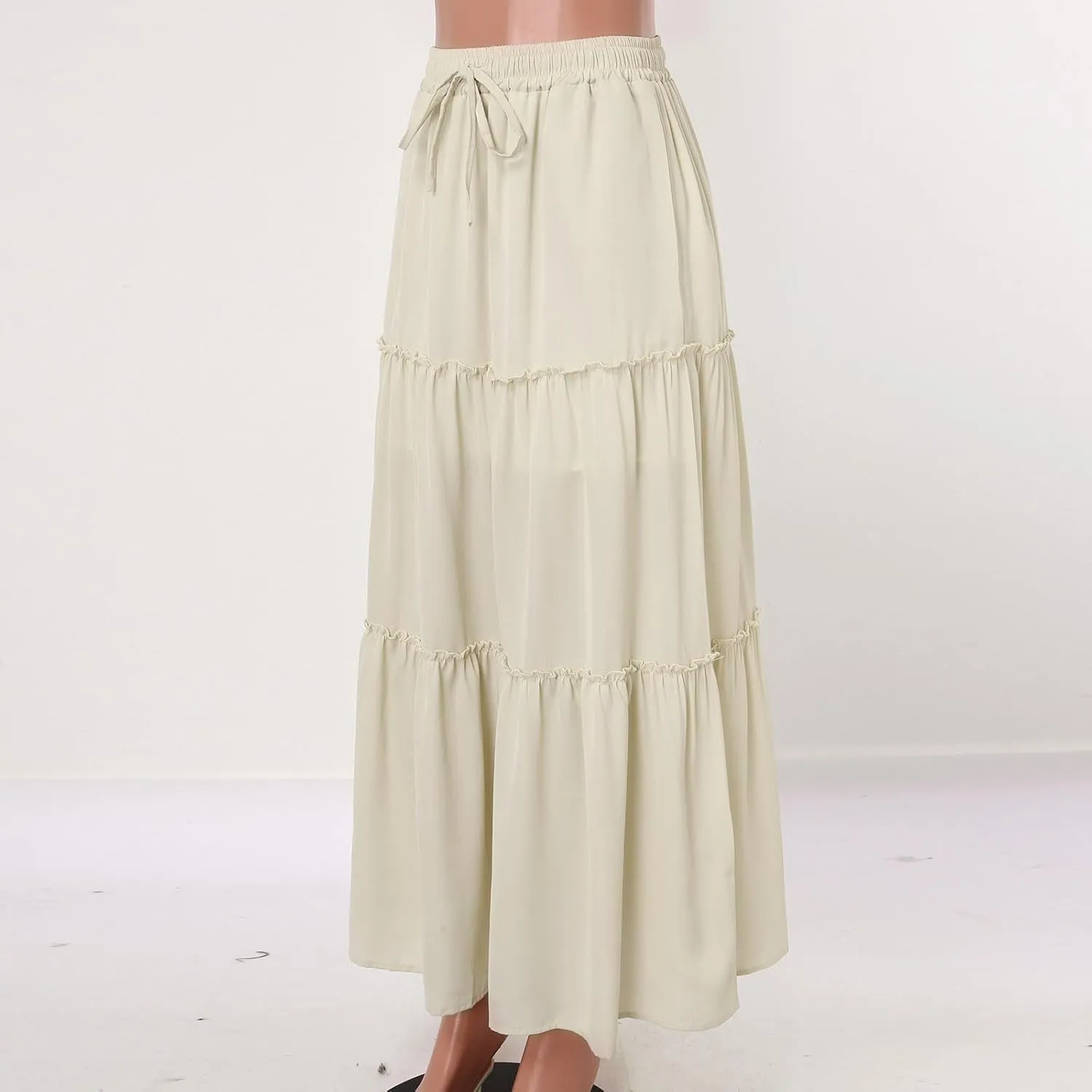 Rvidbe Linen Skirts for Women Summer Casual Trendy Vacation Boho Elastic Waist Drawstring Maxi Flowy A-Line Tiered Skirt