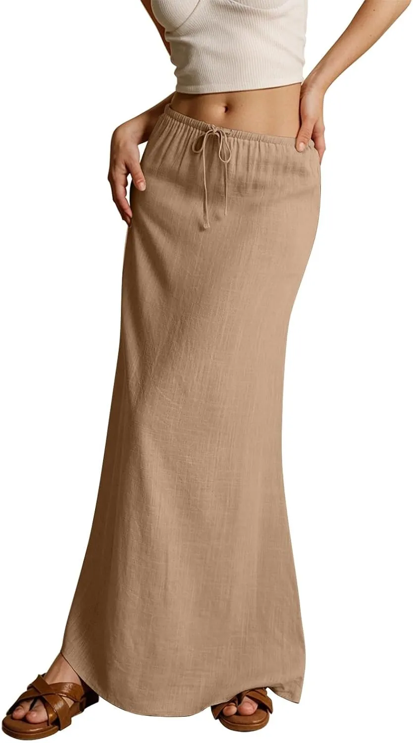 Summer Skirts Long Flowy Skirts Beach Womens Linen Maxi Skirt with Slit Plus Size Comfy Drawstring Low Rise