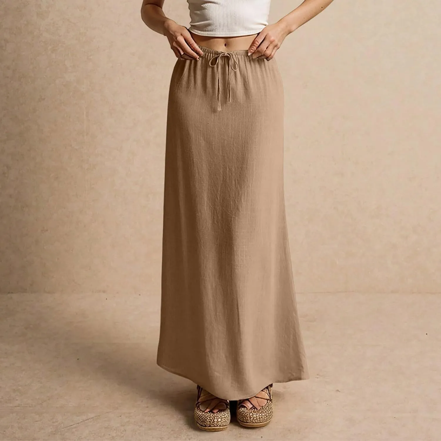 Summer Skirts Long Flowy Skirts Beach Womens Linen Maxi Skirt with Slit Plus Size Comfy Drawstring Low Rise