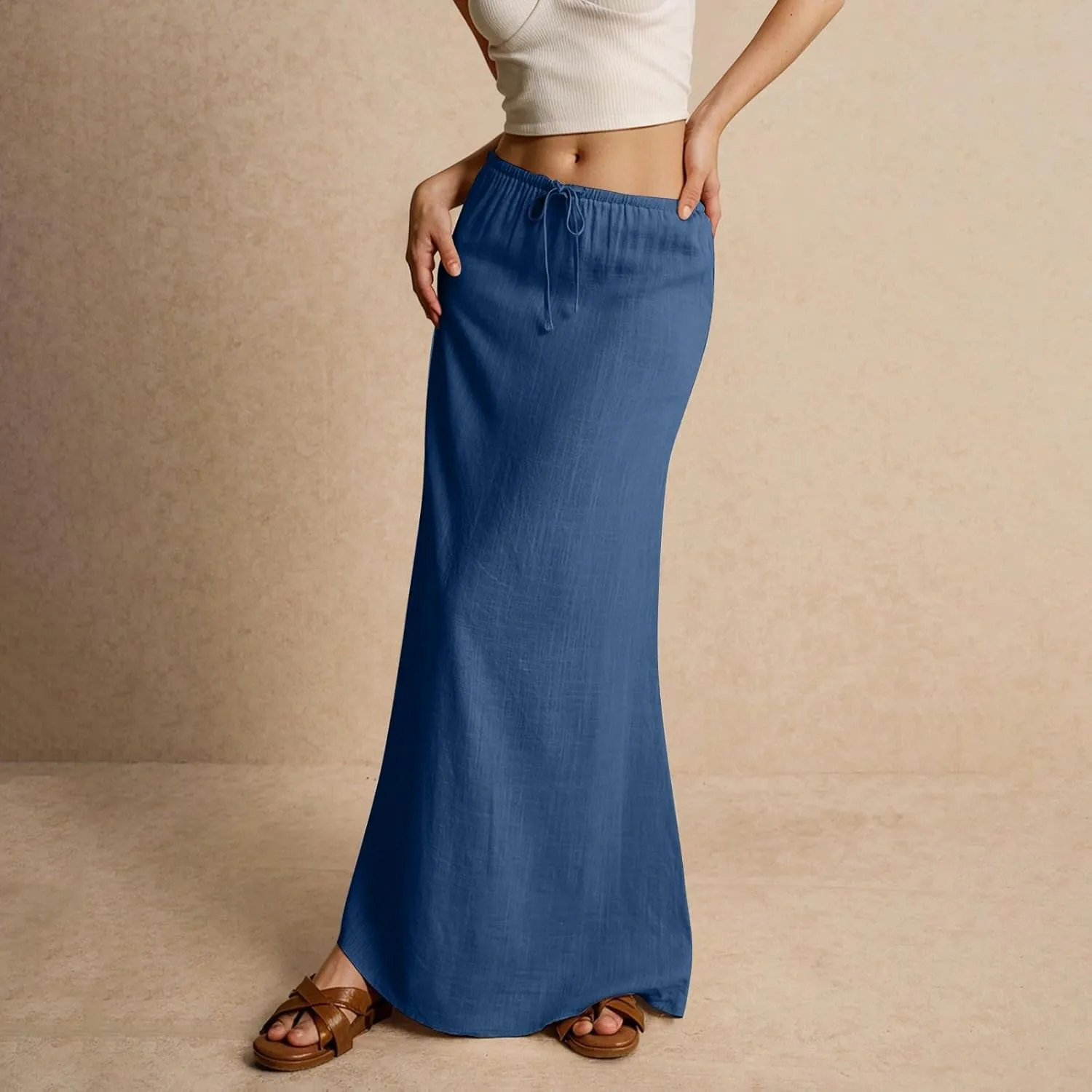 Summer Skirts Long Flowy Skirts Beach Womens Linen Maxi Skirt with Slit Plus Size Comfy Drawstring Low Rise