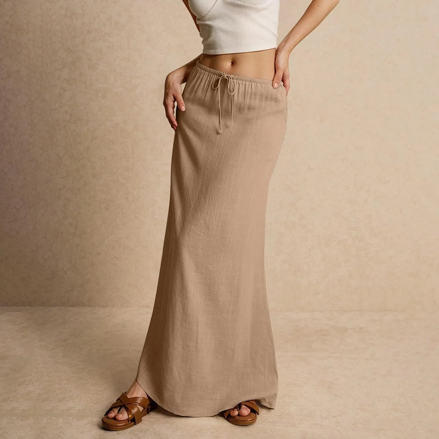 Summer Skirts Long Flowy Skirts Beach Womens Linen Maxi Skirt with Slit Plus Size Comfy Drawstring Low Rise