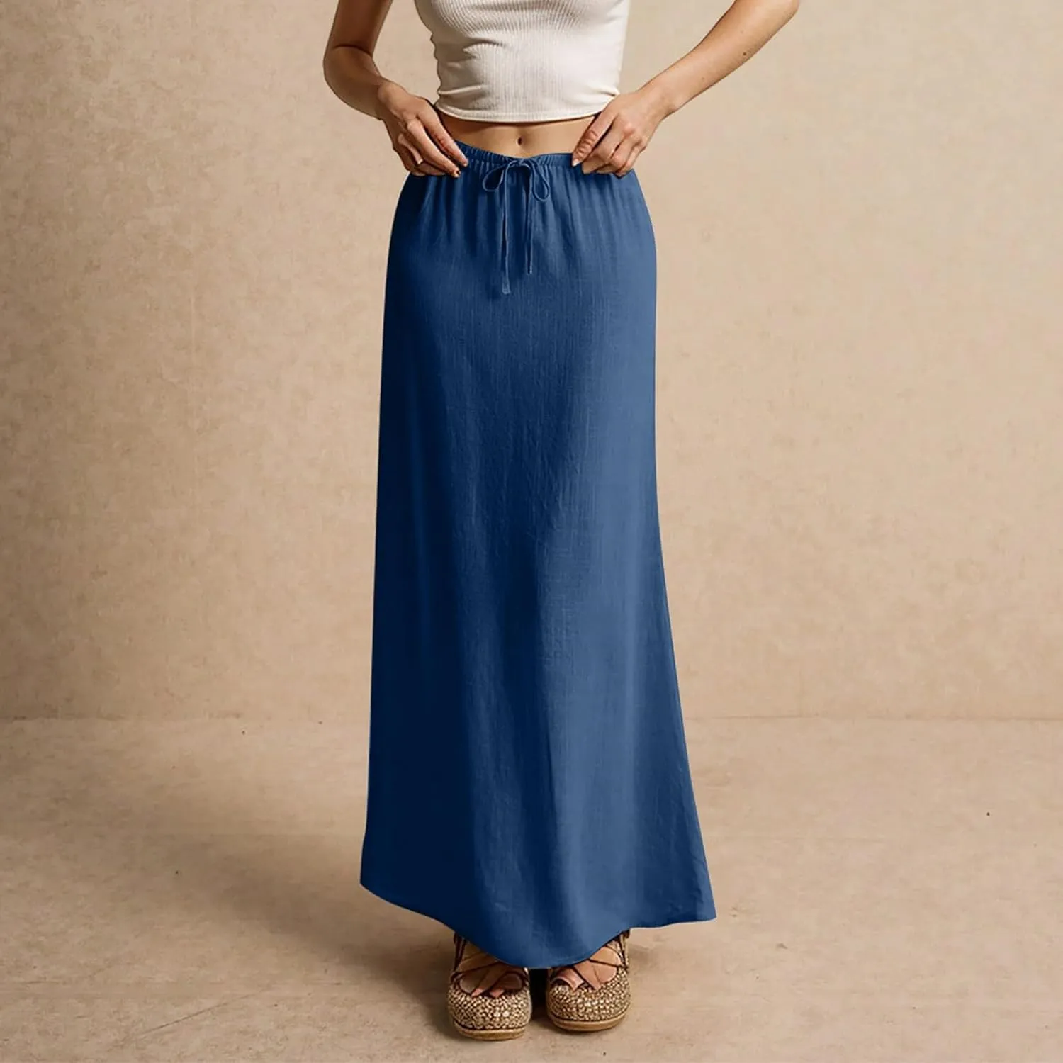 Summer Skirts Long Flowy Skirts Beach Womens Linen Maxi Skirt with Slit Plus Size Comfy Drawstring Low Rise