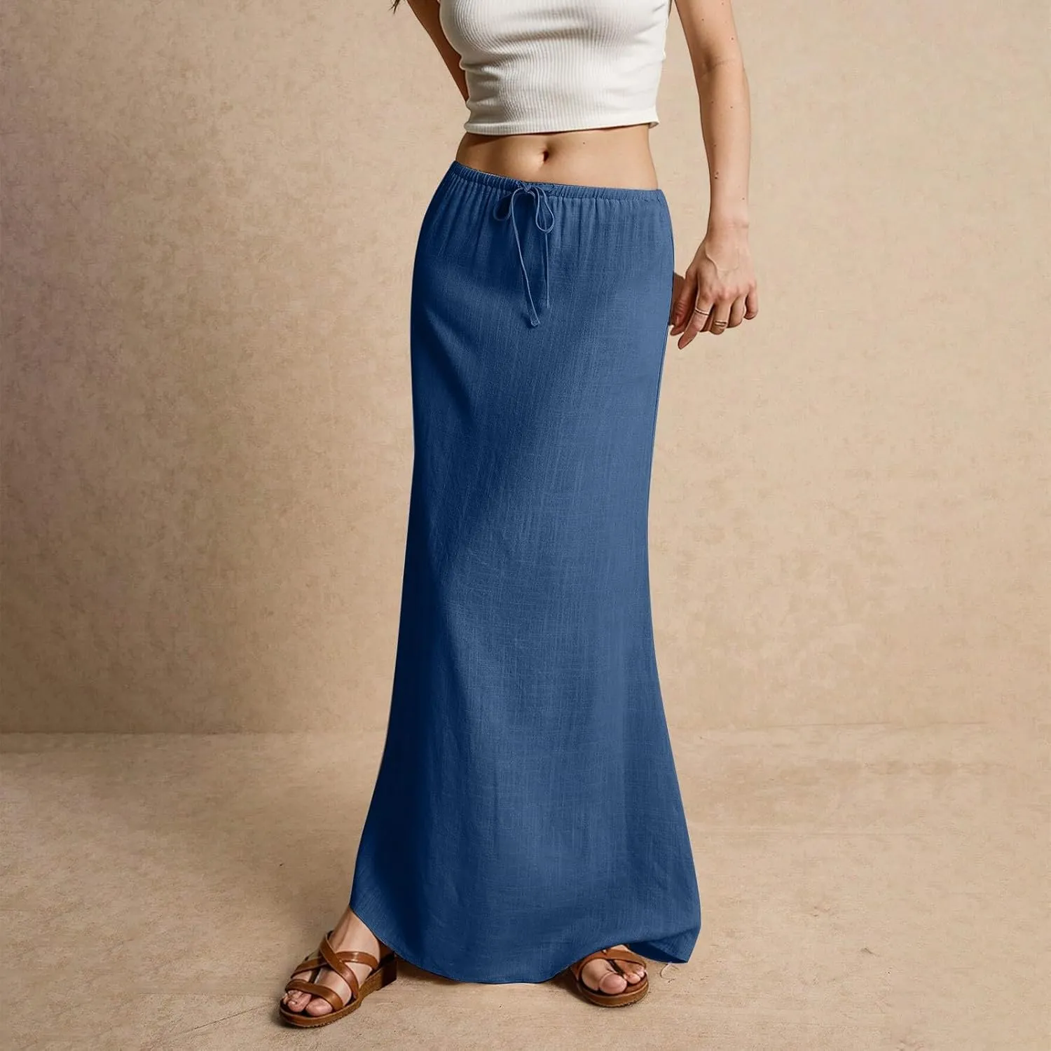 Summer Skirts Long Flowy Skirts Beach Womens Linen Maxi Skirt with Slit Plus Size Comfy Drawstring Low Rise
