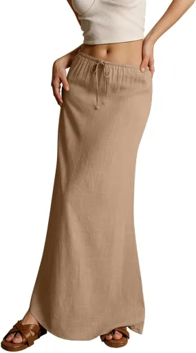 Summer Skirts Long Flowy Skirts Beach Womens Linen Maxi Skirt with Slit Plus Size Comfy Drawstring Low Rise