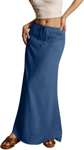 Summer Skirts Long Flowy Skirts Beach Womens Linen Maxi Skirt with Slit Plus Size Comfy Drawstring Low Rise