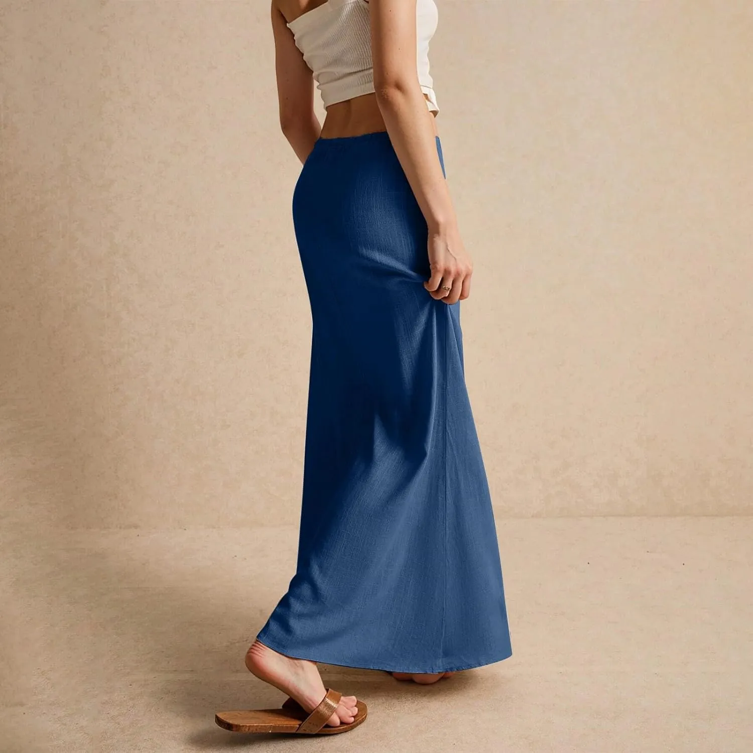 Summer Skirts Long Flowy Skirts Beach Womens Linen Maxi Skirt with Slit Plus Size Comfy Drawstring Low Rise