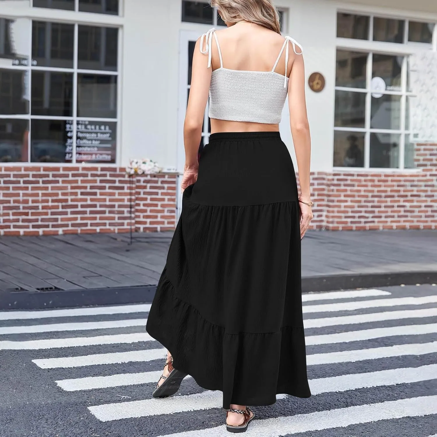 TANGNADE Skirts for Women Trendy Summer Ealstic Waisted Beach Boho Flowy Ruffle Maxi Skirt with Slit Beach Resort Wear