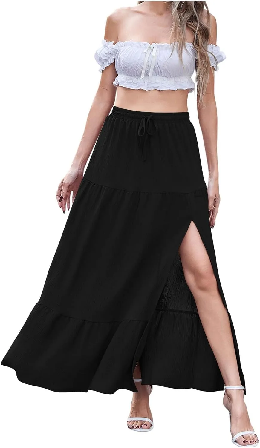 TANGNADE Skirts for Women Trendy Summer Ealstic Waisted Beach Boho Flowy Ruffle Maxi Skirt with Slit Beach Resort Wear