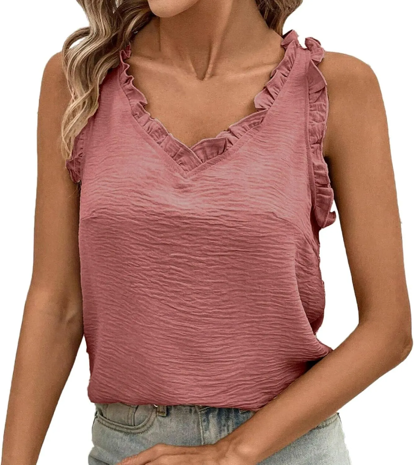 Textured Tank Top for Women V-Neck Ruffled Trim Blouse Cute Sleeveless Shirt Pleated Casual Summer Camisole
