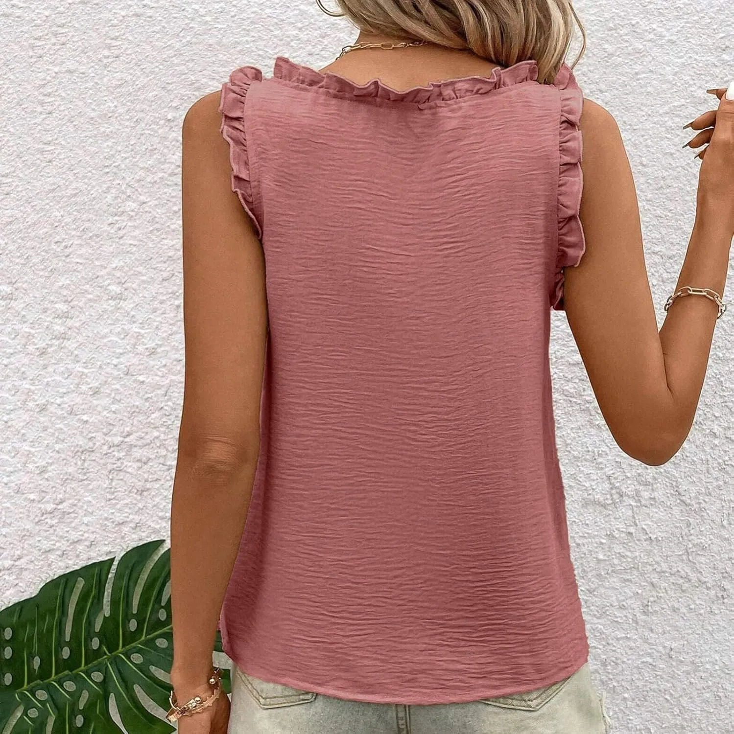 Textured Tank Top for Women V-Neck Ruffled Trim Blouse Cute Sleeveless Shirt Pleated Casual Summer Camisole