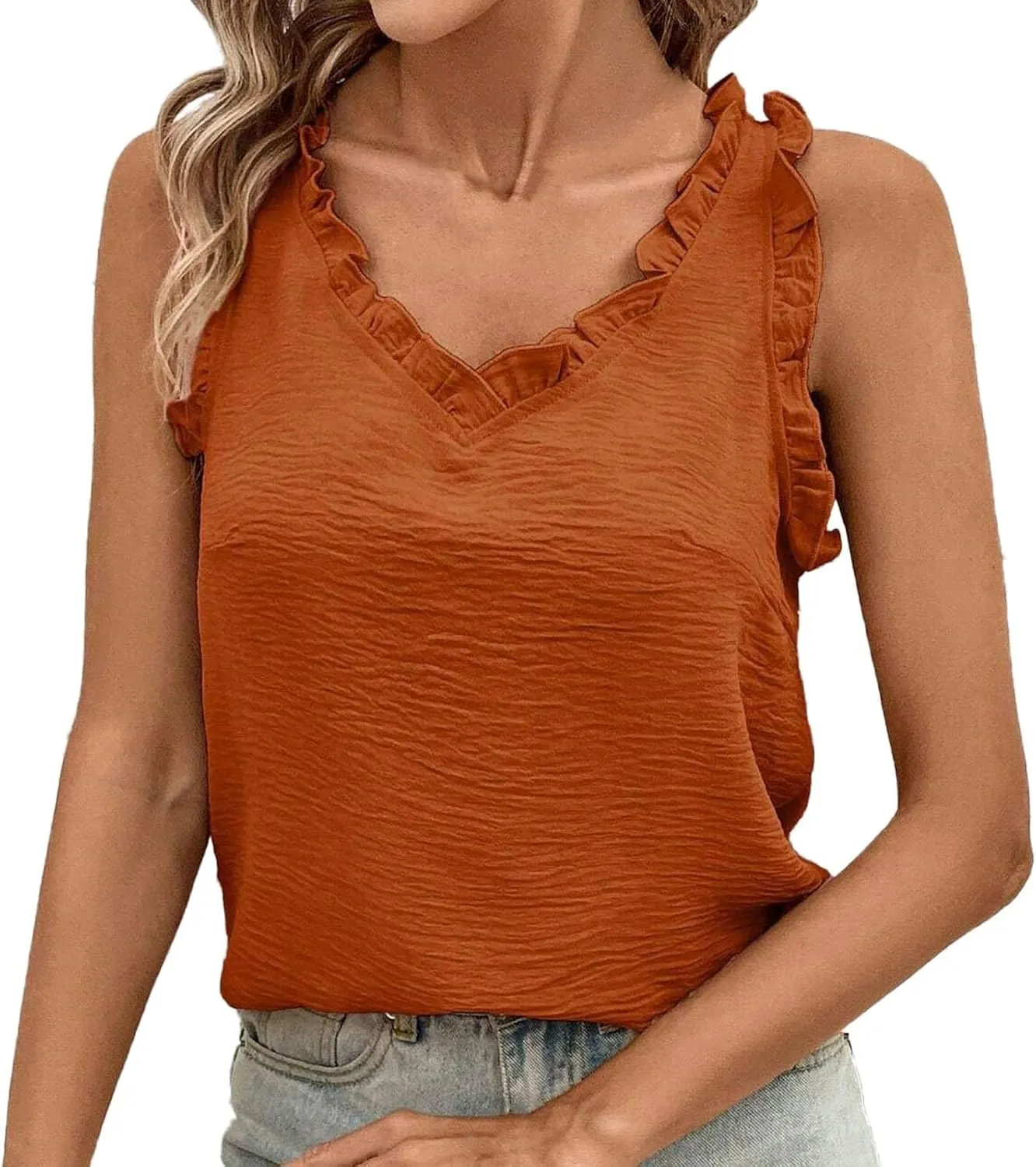 Textured Tank Top for Women V-Neck Ruffled Trim Blouse Cute Sleeveless Shirt Pleated Casual Summer Camisole
