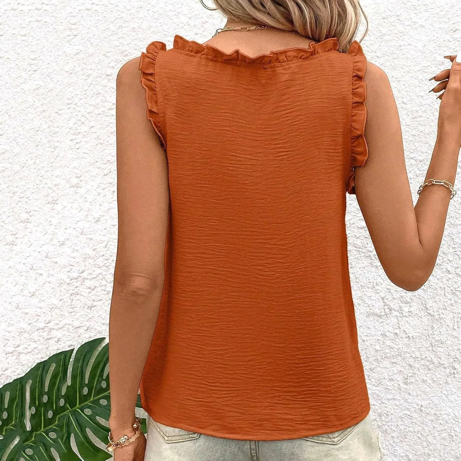Textured Tank Top for Women V-Neck Ruffled Trim Blouse Cute Sleeveless Shirt Pleated Casual Summer Camisole