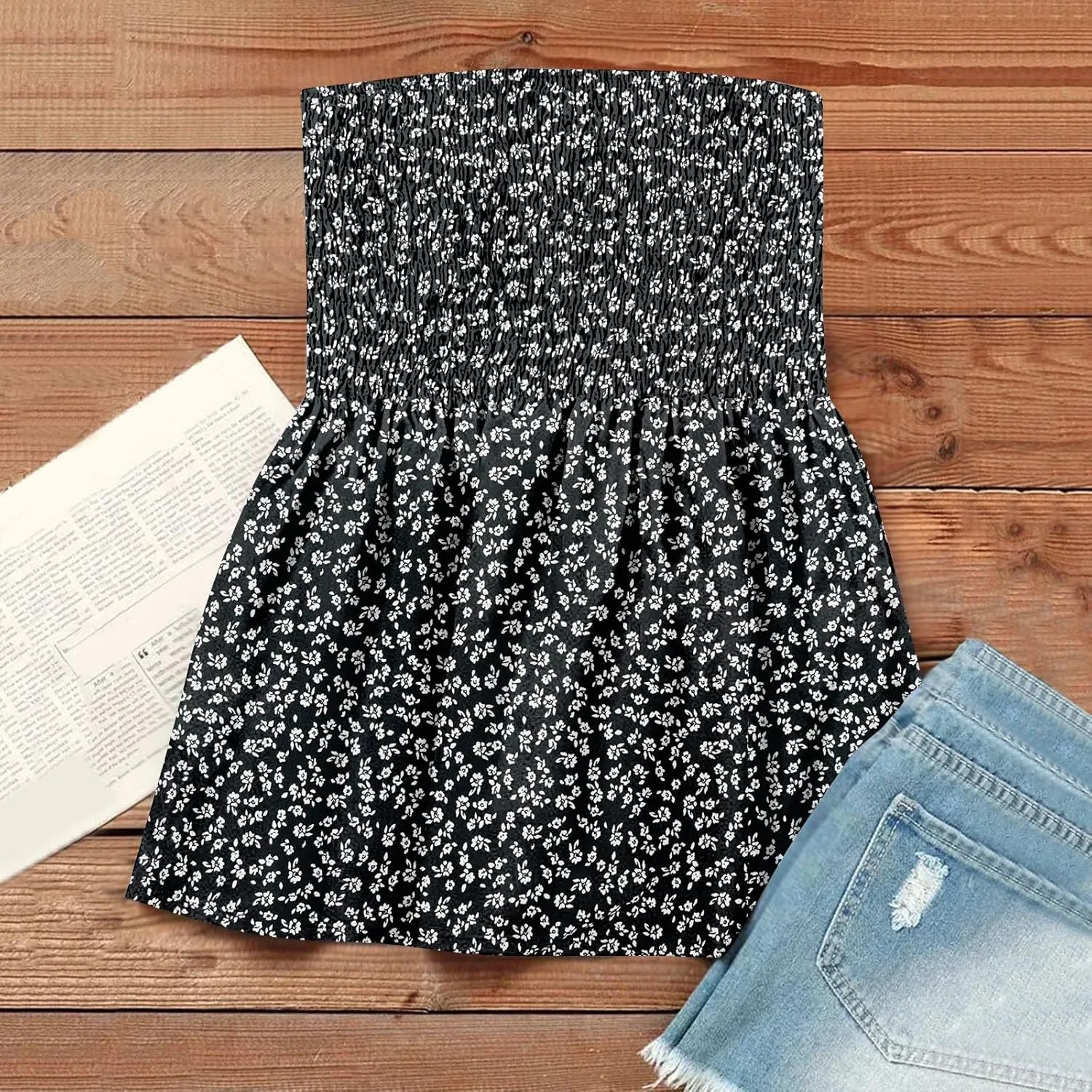 Tube Tops for Women Beach Off Shoulder Shirts Sleeveless Sexy Tops Strapless Bandeau Print Smocked Ruffled T-Shirt