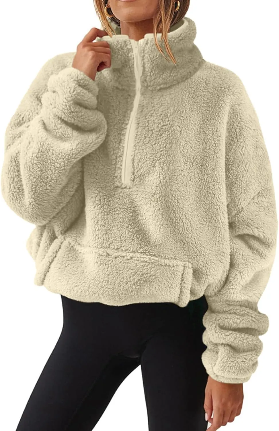 Uillui Womens Half Zip Sherpa Oversized Pullover Fuzzy Fleece Sweatshirt Jacket Fluffy Sweater Lapel Outerwear with Pockets
