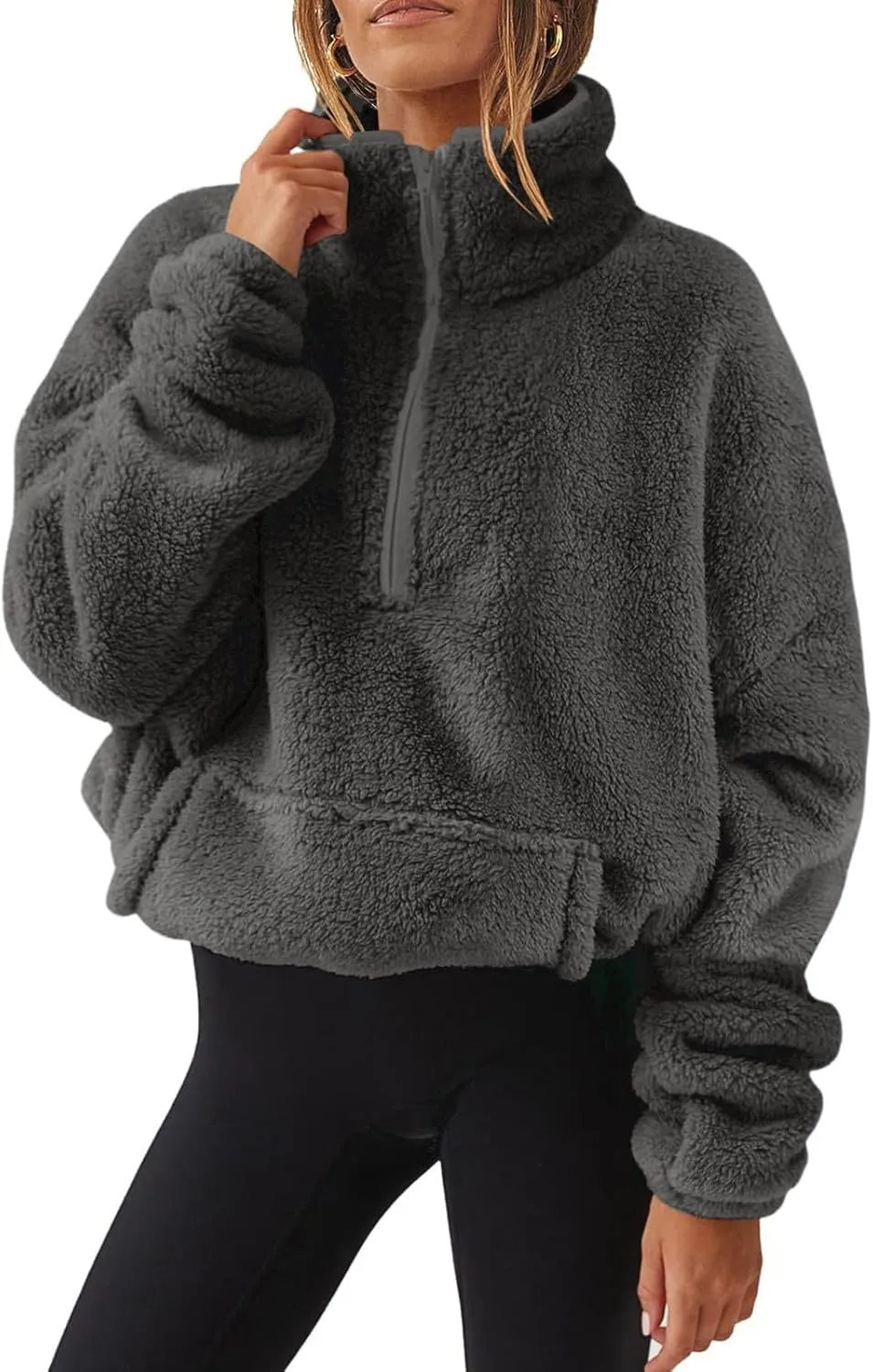 Uillui Womens Half Zip Sherpa Oversized Pullover Fuzzy Fleece Sweatshirt Jacket Fluffy Sweater Lapel Outerwear with Pockets