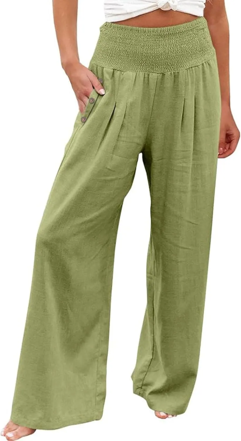 Women Linen Palazzo Pants Summer Boho Wide Leg Casual Lounge Pants 2024 Trendy Beach Travel Vacation Outfits with Pockets