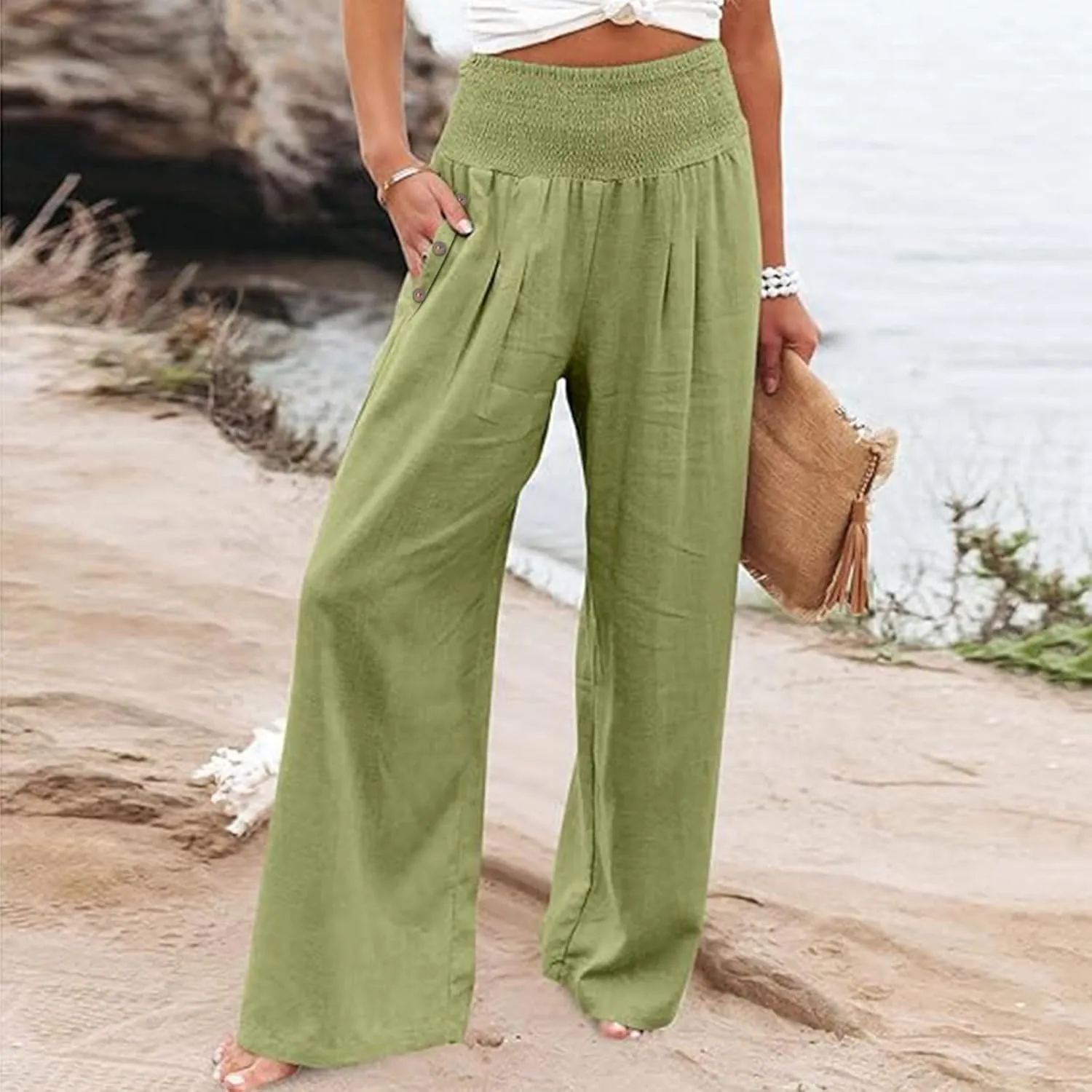 Women Linen Palazzo Pants Summer Boho Wide Leg Casual Lounge Pants 2024 Trendy Beach Travel Vacation Outfits with Pockets