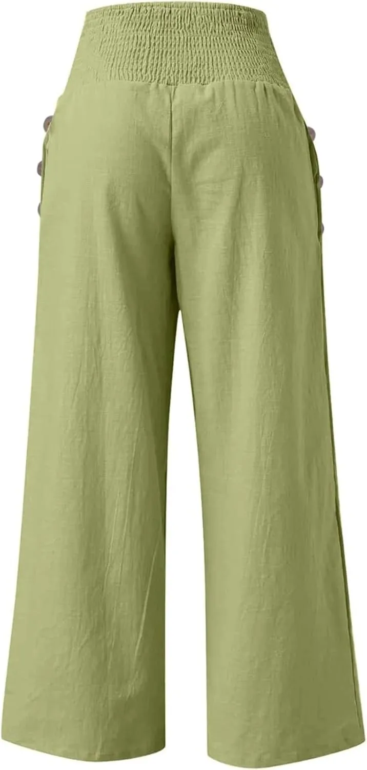 Women Linen Palazzo Pants Summer Boho Wide Leg Casual Lounge Pants 2024 Trendy Beach Travel Vacation Outfits with Pockets