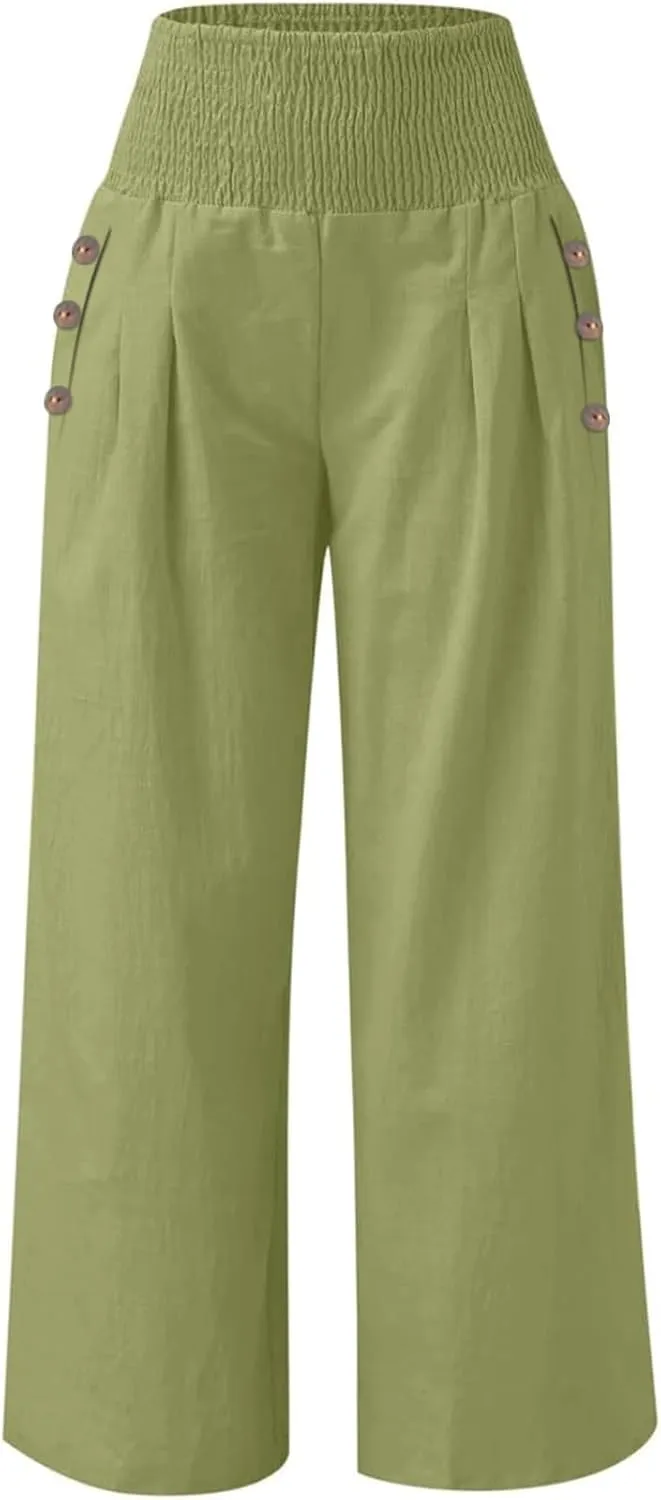 Women Linen Palazzo Pants Summer Boho Wide Leg Casual Lounge Pants 2024 Trendy Beach Travel Vacation Outfits with Pockets