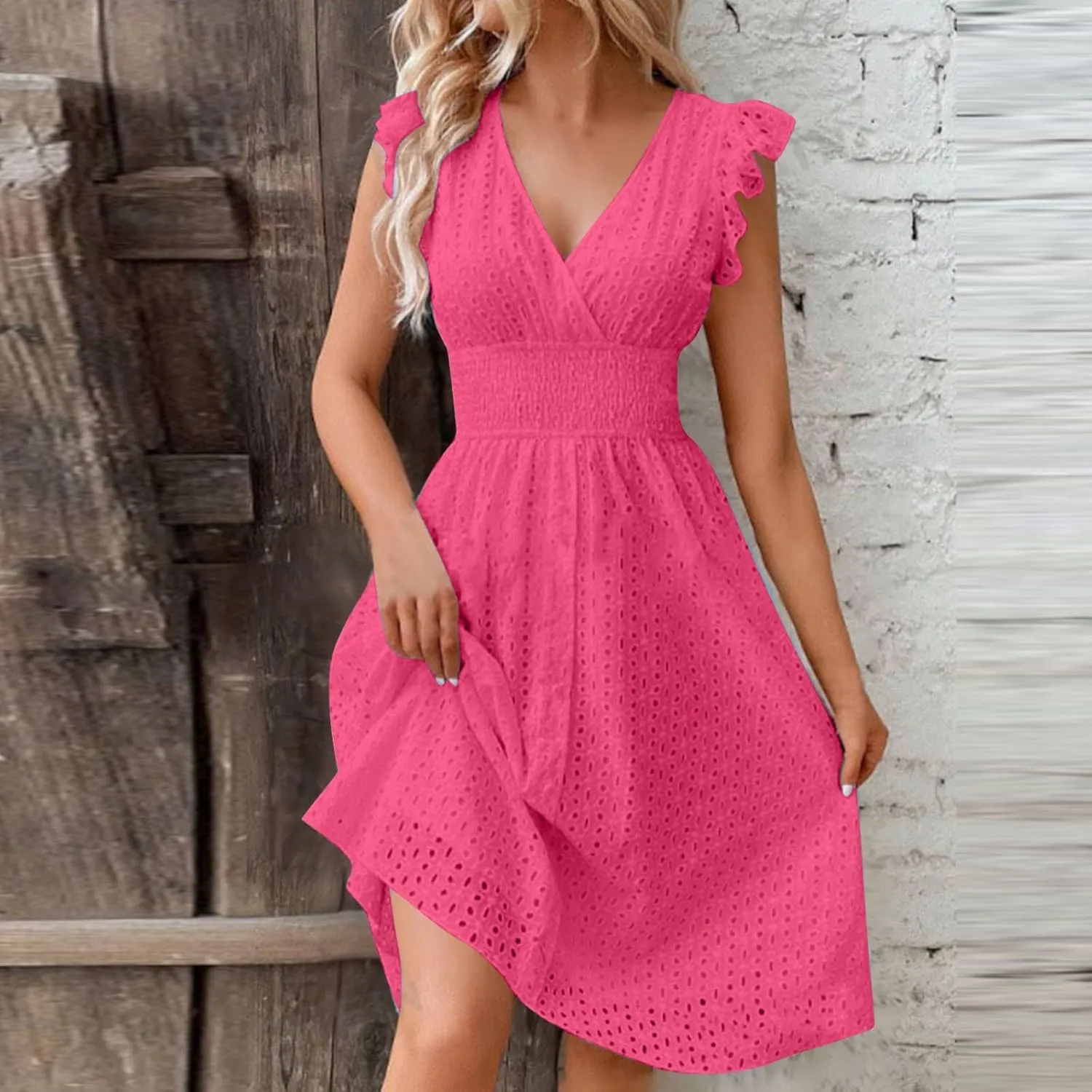 Women's Eyelet Embroidered Midi Dress Empire Waist Wrap V Neck A Line Dress Elegant Flutter Sleeve Long Dress