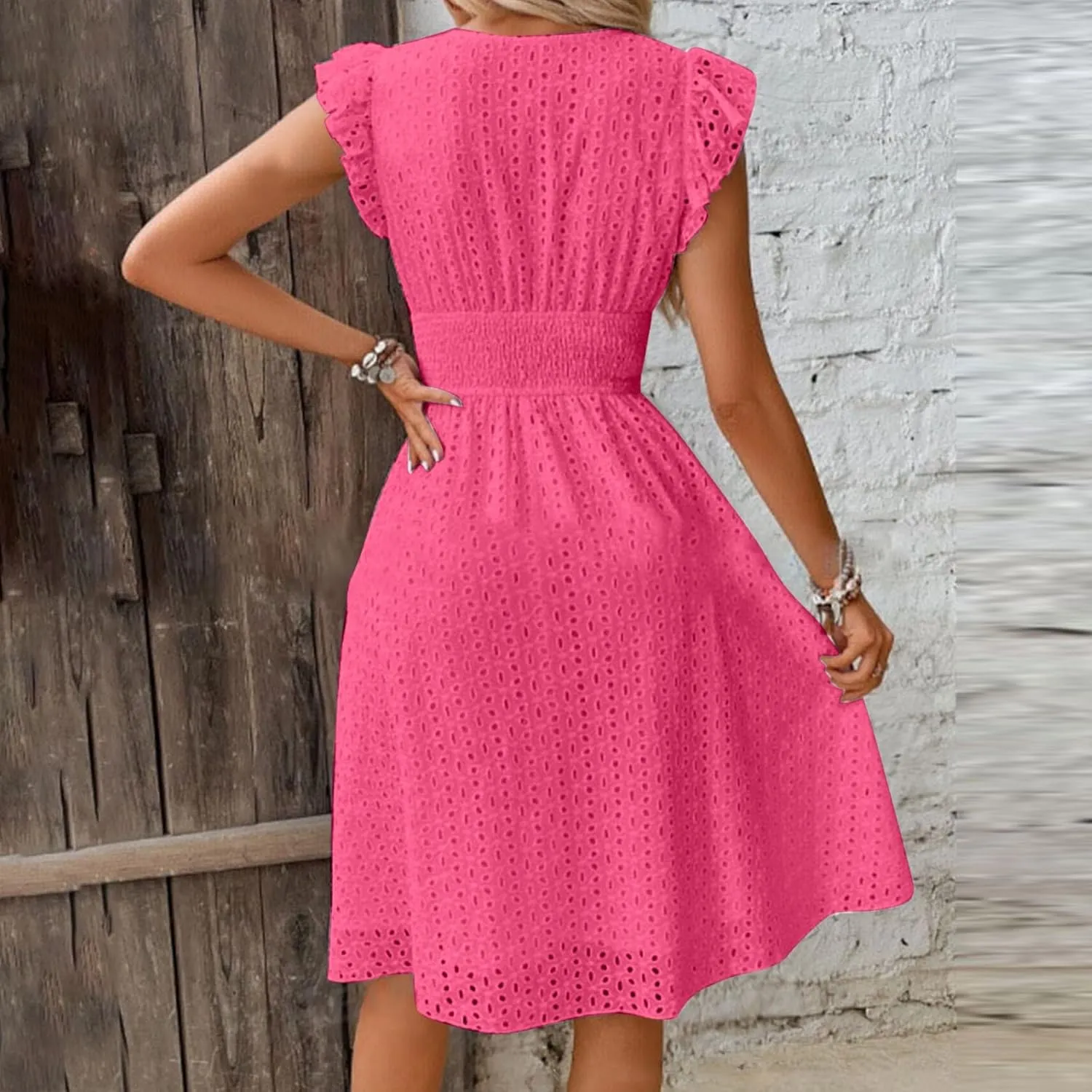 Women's Eyelet Embroidered Midi Dress Empire Waist Wrap V Neck A Line Dress Elegant Flutter Sleeve Long Dress