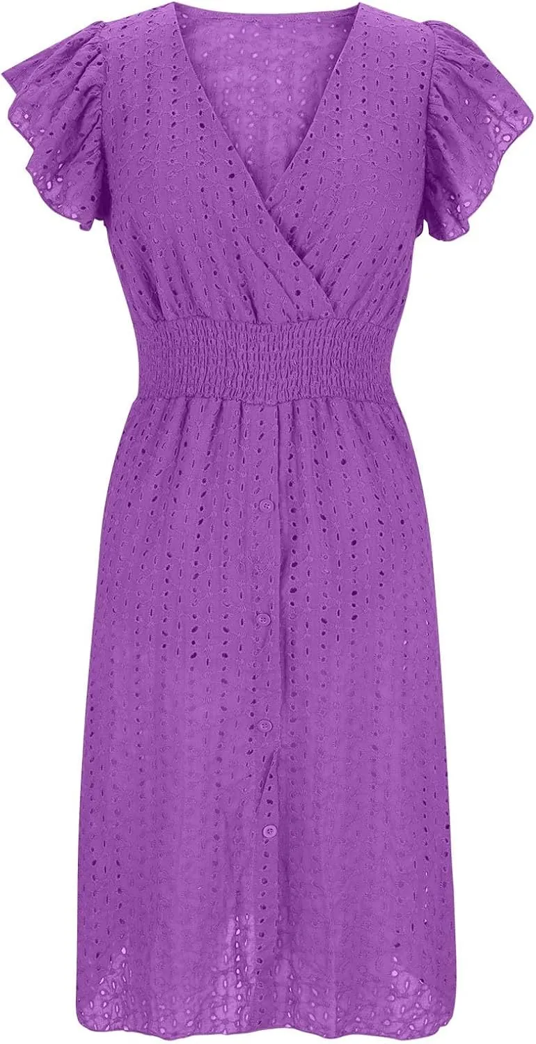 Women's Eyelet Embroidered Midi Dress Empire Waist Wrap V Neck A Line Dress Elegant Flutter Sleeve Long Dress