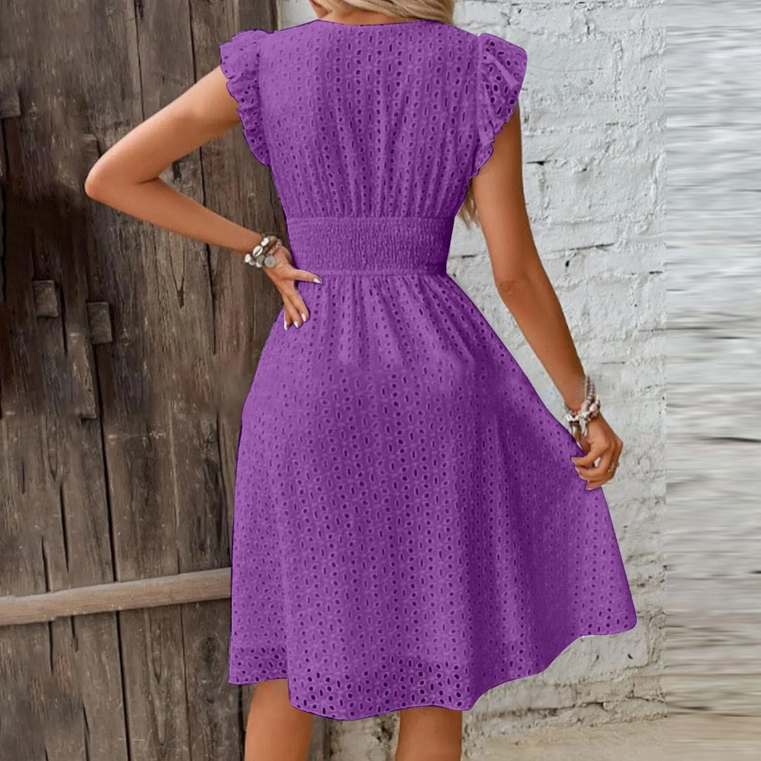Women's Eyelet Embroidered Midi Dress Empire Waist Wrap V Neck A Line Dress Elegant Flutter Sleeve Long Dress