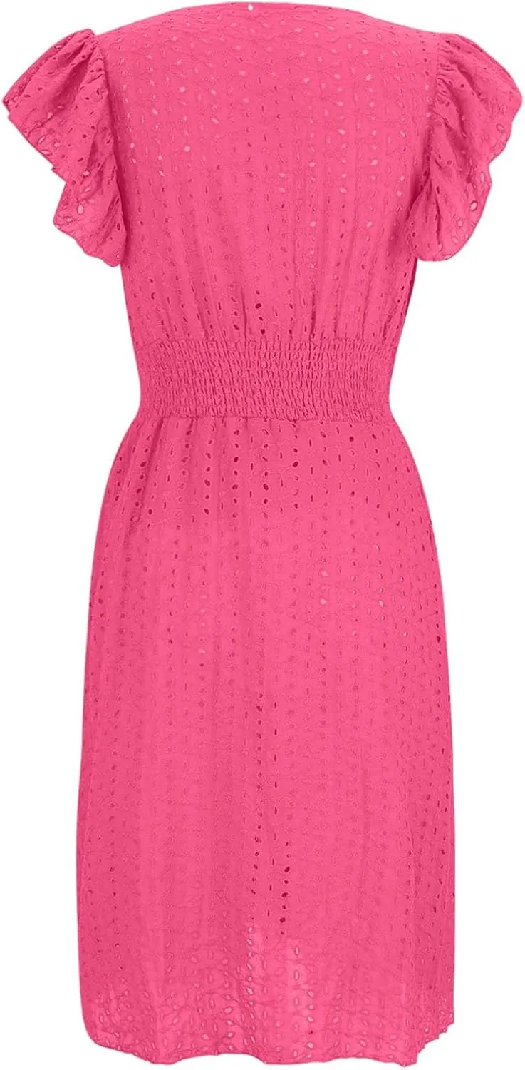 Women's Eyelet Embroidered Midi Dress Empire Waist Wrap V Neck A Line Dress Elegant Flutter Sleeve Long Dress