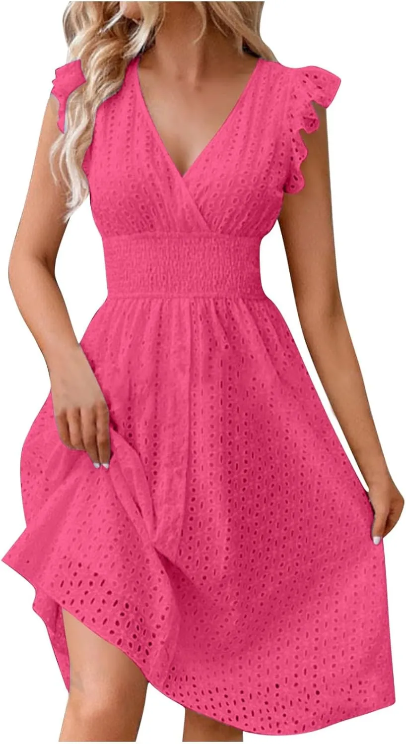 Women's Eyelet Embroidered Midi Dress Empire Waist Wrap V Neck A Line Dress Elegant Flutter Sleeve Long Dress