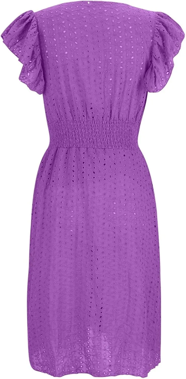 Women's Eyelet Embroidered Midi Dress Empire Waist Wrap V Neck A Line Dress Elegant Flutter Sleeve Long Dress