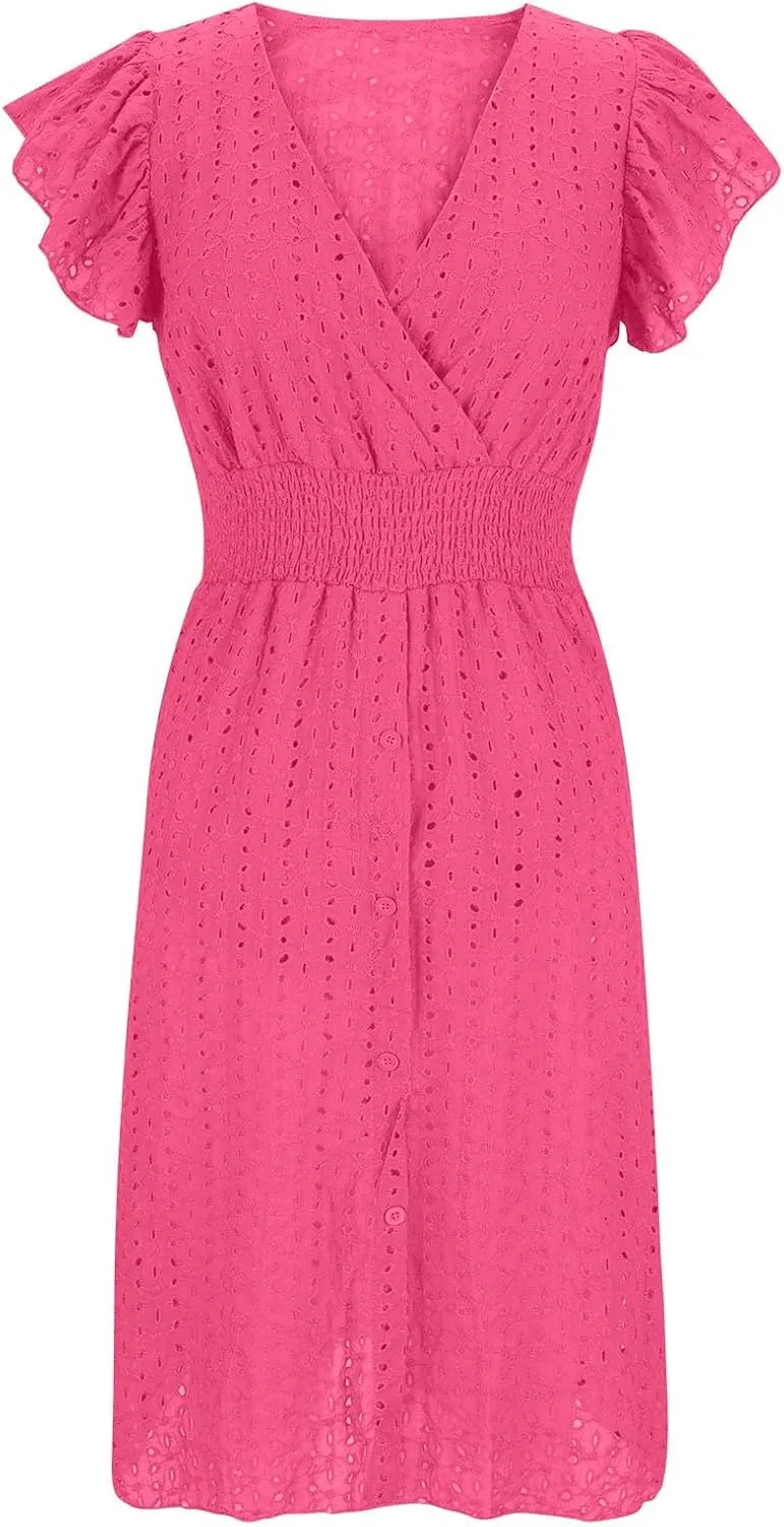Women's Eyelet Embroidered Midi Dress Empire Waist Wrap V Neck A Line Dress Elegant Flutter Sleeve Long Dress