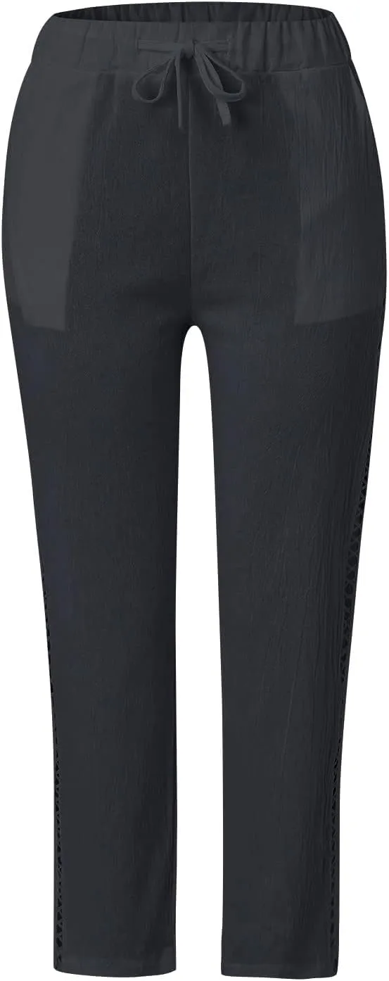 Women's Linen Capri Pants with Drawstring Petite Summer Casual Lace Hollow Out Straight Leg Elastic Waist Pants