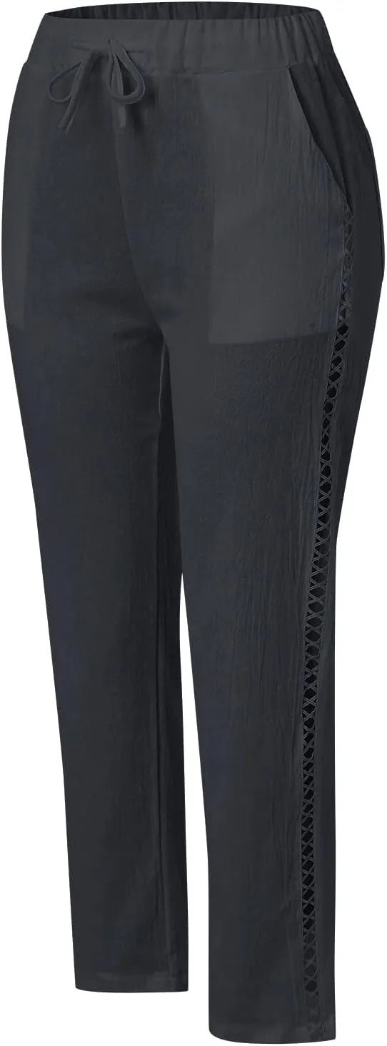 Women's Linen Capri Pants with Drawstring Petite Summer Casual Lace Hollow Out Straight Leg Elastic Waist Pants