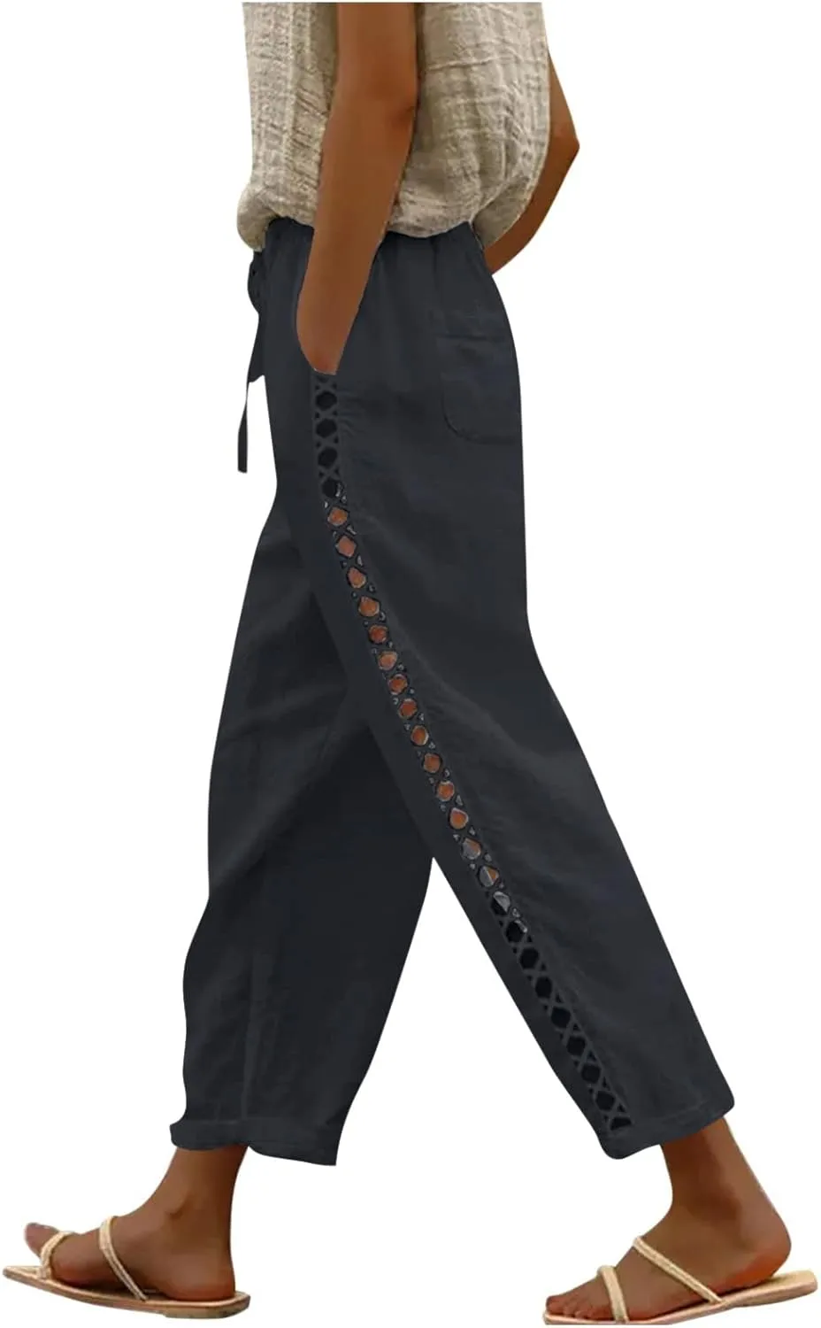 Women's Linen Capri Pants with Drawstring Petite Summer Casual Lace Hollow Out Straight Leg Elastic Waist Pants