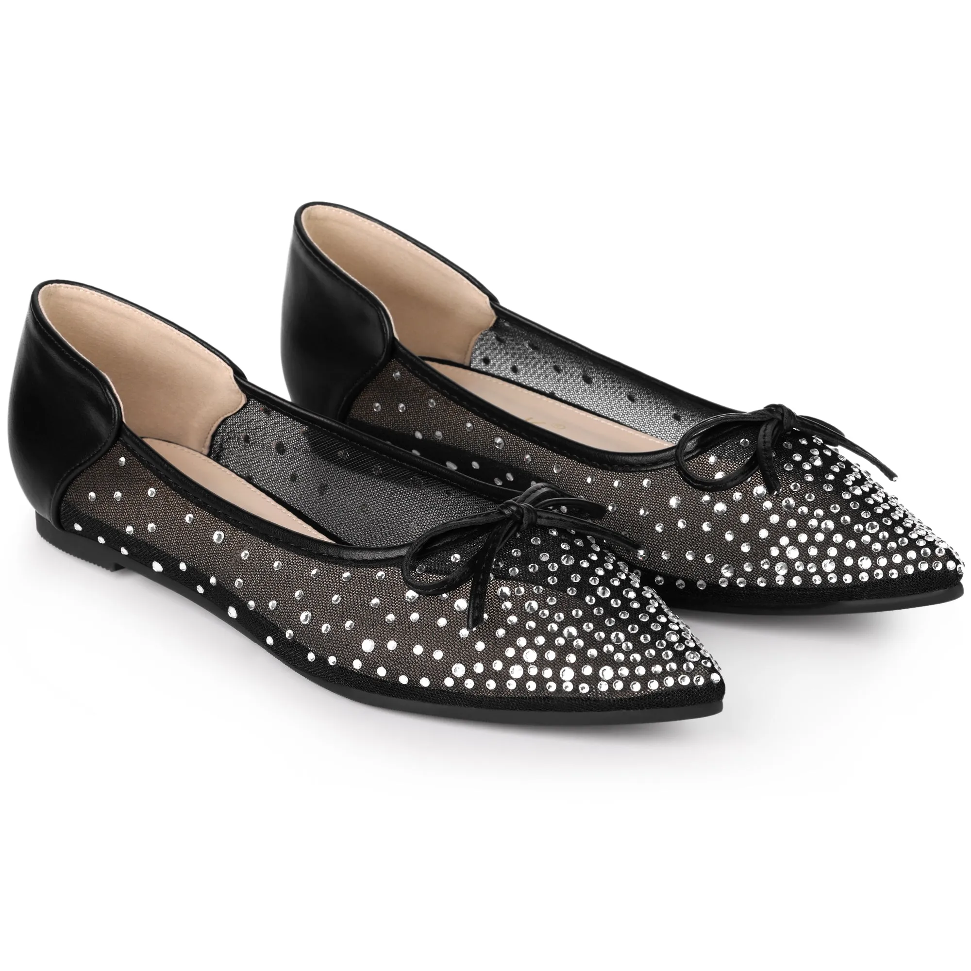 Women's Pointed Toe Bow Rhinestone Mesh Ballerina Flats